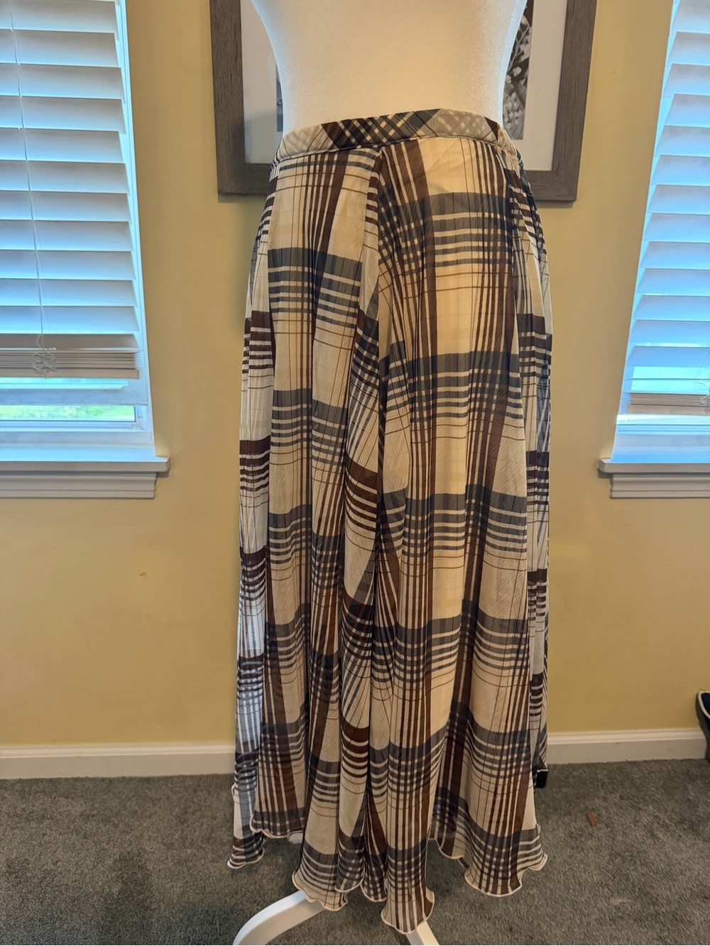 Nine West Plaid Maxi Skirt in Cream, Brown & Gray